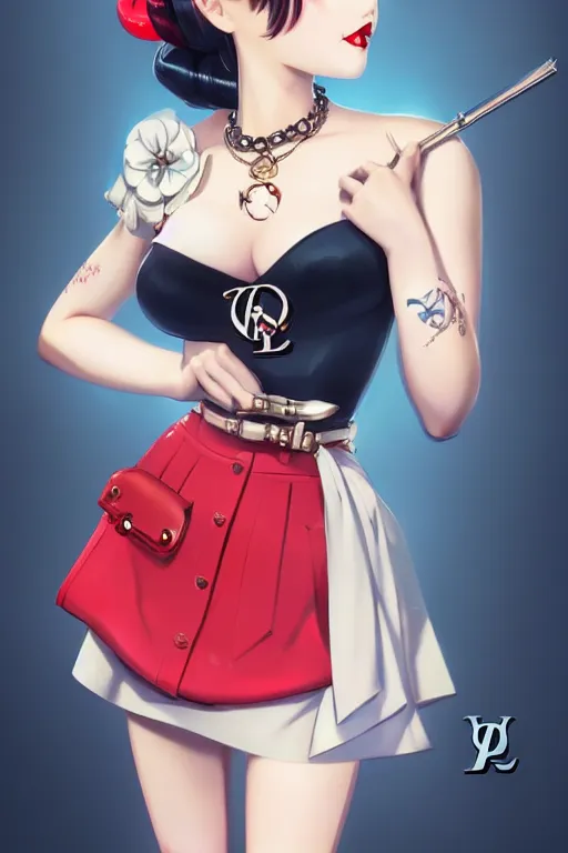 Image similar to a pin up and beautiful fashion dreamlke japan girl with lv jewelry, character art, art by artgerm and wlop and and ilya kuvshinov, hyperdetailed, 8 k realistic, symmetrical, frostbite 3 engine, cryengine, dof, trending on artstation, digital art, chanel, dior, fantasy background