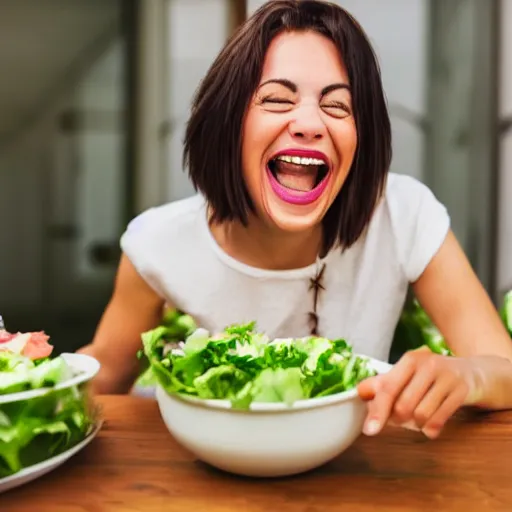 Prompt: a stock image of a lady laughing while eating salad, professional detailed photo