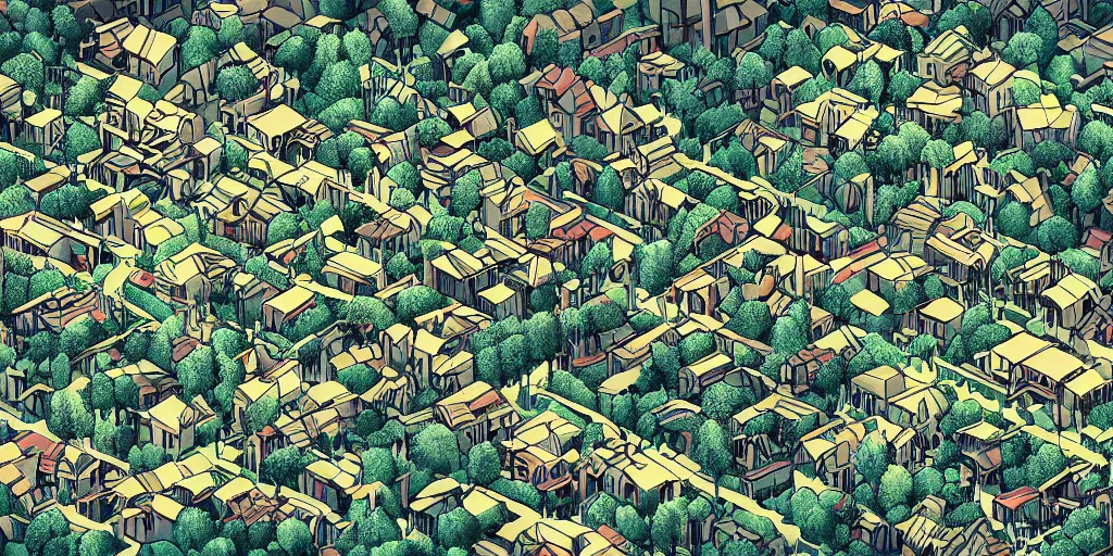 Image similar to cinematic high contrast graphic illustration of a hyper detailed village in the treetops