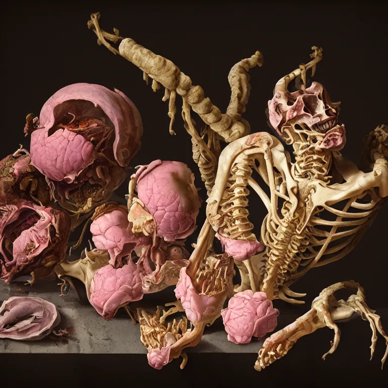 Image similar to still life of rotten flesh, beautiful pastel flowers, human spine, colorful mold, baroque painting, beautiful detailed intricate insanely detailed octane render, 8K artistic photography, photorealistic, chiaroscuro, Raphael, Caravaggio