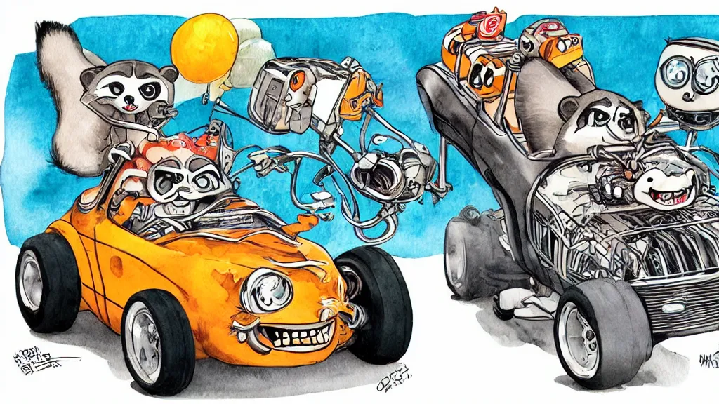 Image similar to cute and funny, racoon riding in a tiny hot rod coupe with oversized engine, ratfink style by ed roth, centered award winning watercolor pen illustration, by chihiro iwasaki and james nyika, edited by range murata