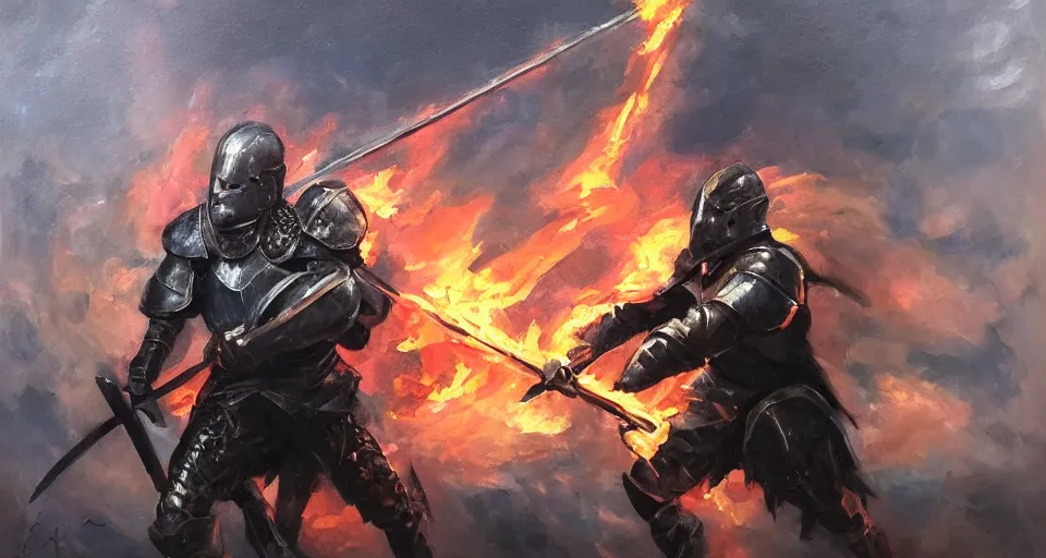 Image similar to An oil painting of a knight in dark metal armor wielding a flaming sword