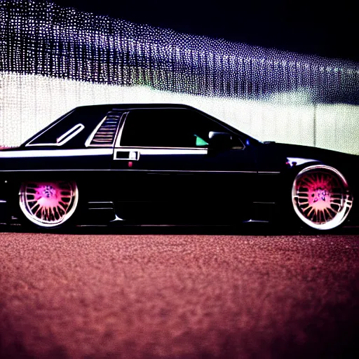 Image similar to a black 1990 Ford thunderbird sc at illegal car meet, Chiba prefecture, city midnight mist lights, cinematic color, vaporwave, highly detailed wheels, 50MM