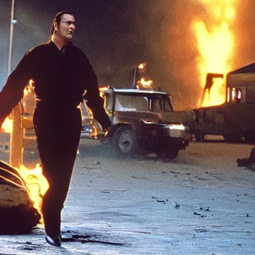 Prompt: scene of a movie with steven seagal with an explosion in the background