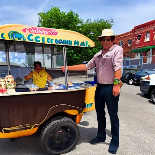 Image similar to crocodile man driving an ice cream cart