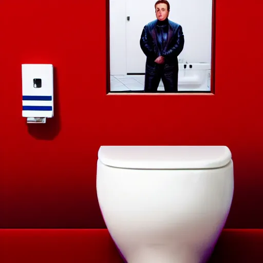 Prompt: hyperrealism aesthetic ridley scott and denis villeneuve and gaspar noe style photography of a detailed hyperrealism elon musk, siting on the detailed hyperrealism toilet bowl and scrolling his detailed smartphone in hyperrealism scene from detailed art house movie in style of alejandro jodorowsky and wes anderson hyperrealism volumetric ambient light