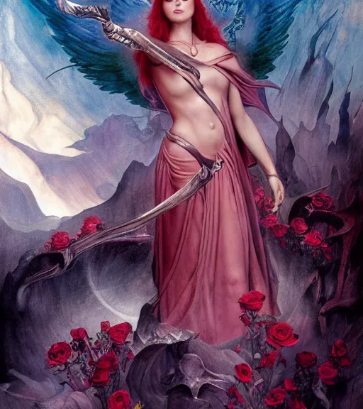 Image similar to blood rose nightmare of the maiden in the fortress of lies, by annie swynnerton and tino rodriguez and charlie bowater and tom bagshaw and nicholas roerich and jean delville and evelyn de morgan and lucien freud, dramatic lighting, floral tattoos, rich colors, smooth sharp focus, anime key visual, extremely detailed, adolf wolfli