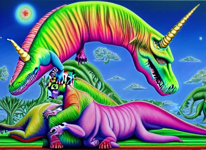 Image similar to T-rex and Unicorn relaxing, Alex Grey,Oil on Canvas detailed,