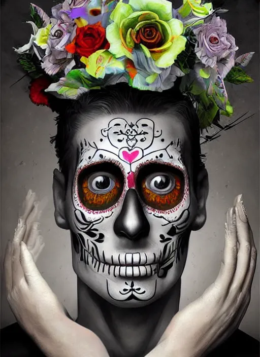 Image similar to dia de los muertos hombre theme surrealist art in the styles of igor morski, jim warren, and giuseppe mastromatteo, intricate, hyperrealistic, accurate facial details, profile picture with chromakey!!!!! background, volumetric lighting