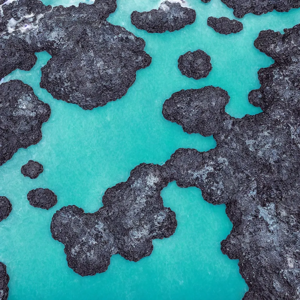 Image similar to birds eye view hexagonal basalt, bright blue pools of water with swirling seafoam, patches of green fields, black volcanic rock, icy glaciers,