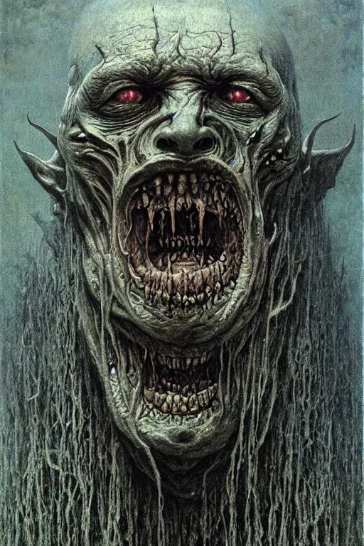 Prompt: brutal scary terrifying ugly monstrous barbarian goblin horror portrait by beksinski and jean delville, slimy pus oozing