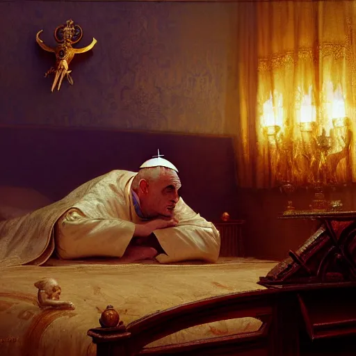 Image similar to the catholic pope in his bed, scared, because a horned shadow demon is approaching him. highly detailed painting by gaston bussiere, greg rutkowski, craig mullins 8 k