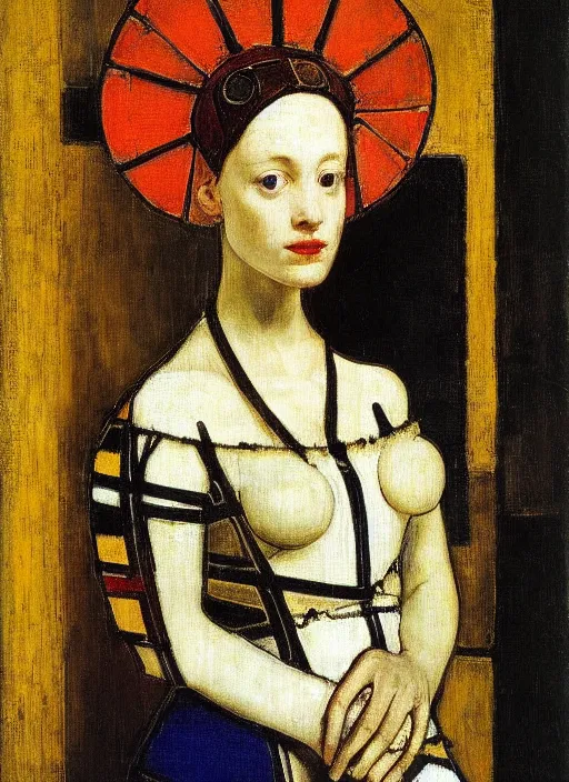 Image similar to portrait of young woman in renaissance dress and renaissance headdress, art by piet mondrian