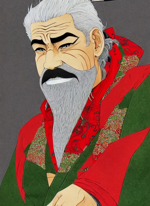 Image similar to half body portrait of a handsome muscular old mad with blonde hair and grey beard wearing and ornate red, green and gold trench coat. detailed, wearing kimono armour, by conrad roset, takato yomamoto, jesper ejsing, masamune shiro