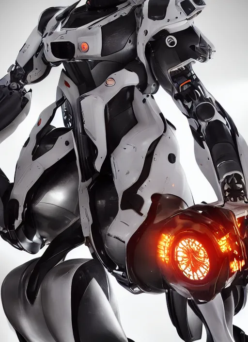 Image similar to a Photorealistic dramatic hyperrealistic full frame render of a Sleek futuristic exosuit Freedom Formula Racing Mech,Ultra realistic details,glossy white metal,Orange racing stripes,weathered surfaces,by Hidetaka Tenjin,Yoh Yoshinori,Yoji Shinkawa,Masamune Shirow,Beautiful dramatic dark moody tones and lighting,cinematic atmosphere,studio lighting,shadows,dark background, Octane render,8K