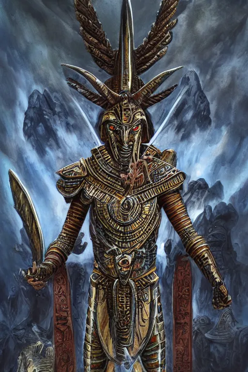 Image similar to full body concept art of Ancient Egypt warrior wear baphomet armor made with porcelain by Jeff Easley and Peter Elson + beautiful eyes, beautiful face + symmetry face + galaxy + gothic, surreal, dread + highly detailed, intricate complexity, epic composition, magical atmosphere + masterpiece, award winning + trending on artstation