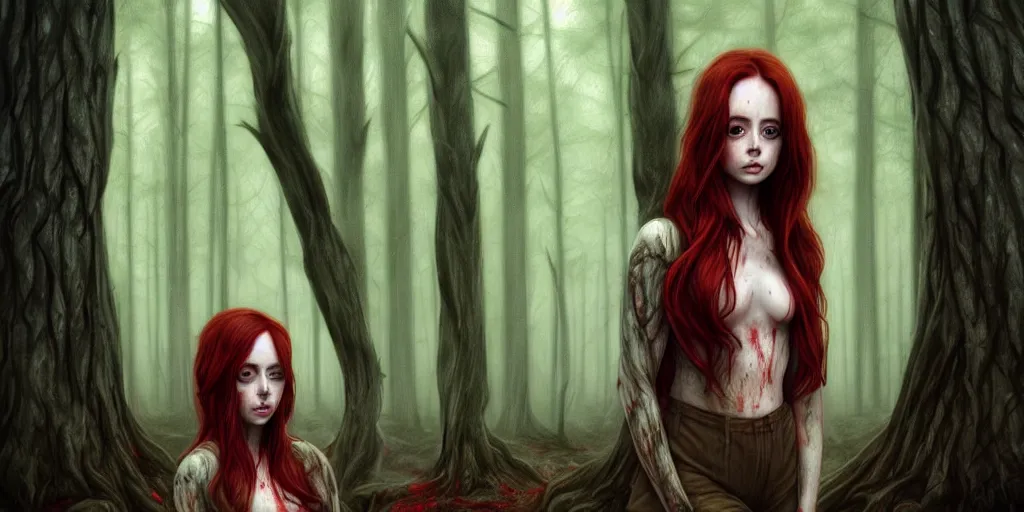 Image similar to surrounded by trees, realistic character concept, gorgeous Kacey Rohl, red hair, small freckles, symmetrical face, symmetrical eyes, full body, covered in blood, dark forest, Wendigo in background, trees, shorter neck, cinematic lighting, Joshua Middleton and artgerm, fear anxiety terror