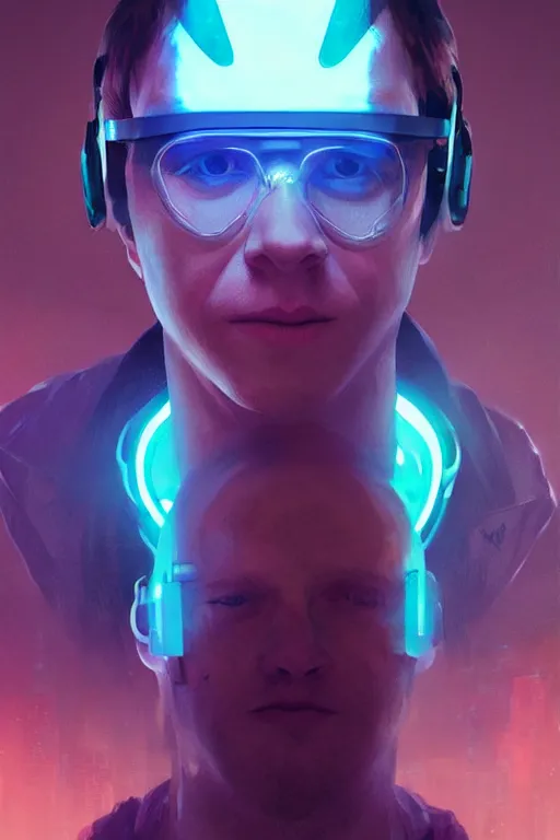 Image similar to portrait of Rupert Grint as Ron Wisly with visor in cyberpunk, neon lighting, night city, digital art from artstation by Ruan Jia and Mandy Jurgens and Artgerm and william-adolphe bouguereau and Greg Rutkowski