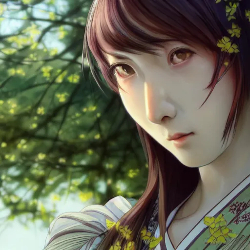 Image similar to side portrait of a girl walking, sakura tree in background, yukata clothing, battlefield in background, anime style, hair down, symmetrical facial features, from arknights, hyper realistic, 4 k, extreme detail, detailed drawing, trending artstation, realistic lighting, by alphonse mucha, greg rutkowski, sharp focus, backlit