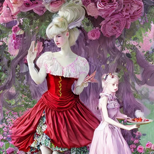 Prompt: Alice in Wonderland at the tea party, she looks like a mix of grimes, Aurora Aksnes and Zendaya, childlike, billowing elaborate hair and dress, strings of pearls, surrounded by red and white roses, digital illustration, inspired by a stylistic blend of Aeon Flux, Japanese shoujo manga, and John singer Sargent paintings, hyper detailed, dreamlike, incredibly ethereal, super photorealistic, iridescent, dichroic prism, speckled, marbling effect, tulle and lace, extremely fine inking lines