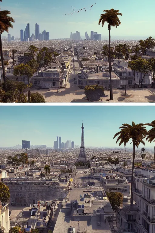 Image similar to the beautiful city of paris rebuilt near the pacific ocean in sunny california, amazing weather, sandy beach, palm trees, splendid haussmann architecture, digital painting, highly detailed, intricate, concept art, matte painting, trending on artstation, octane render, 8 k, unreal engine