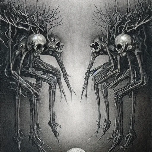 Image similar to merge skeletons in the hundeds reaching out the borken portal to hell, artwork by beksinski gammell mcfarlane giger realsistic horror, wispy prismatic ink horrors