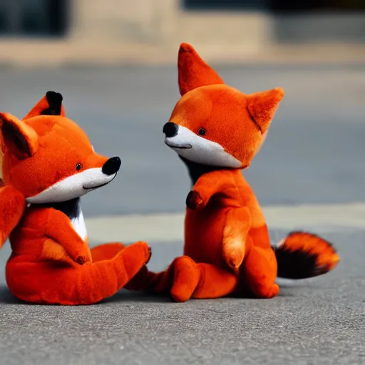 Image similar to Two fox plushies playfully wrestling on the sidewalk, dynamic, motion blur, 1/4 shutter speed, award winning photography