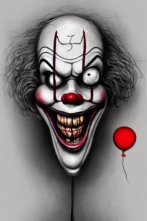 Image similar to surrealism grunge cartoon portrait sketch of Pennywise with a wide smile and a red balloon by - michael karcz, loony toons style, freddy krueger style, horror theme, detailed, elegant, intricate