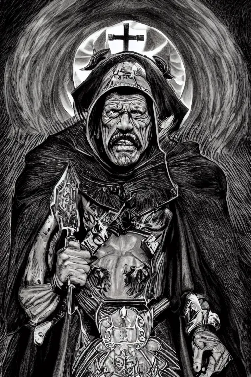 Prompt: Danny Trejo as church nun, dark fantasy, highly detailed, artstation, manga illustration by Kentaro Miura berserk