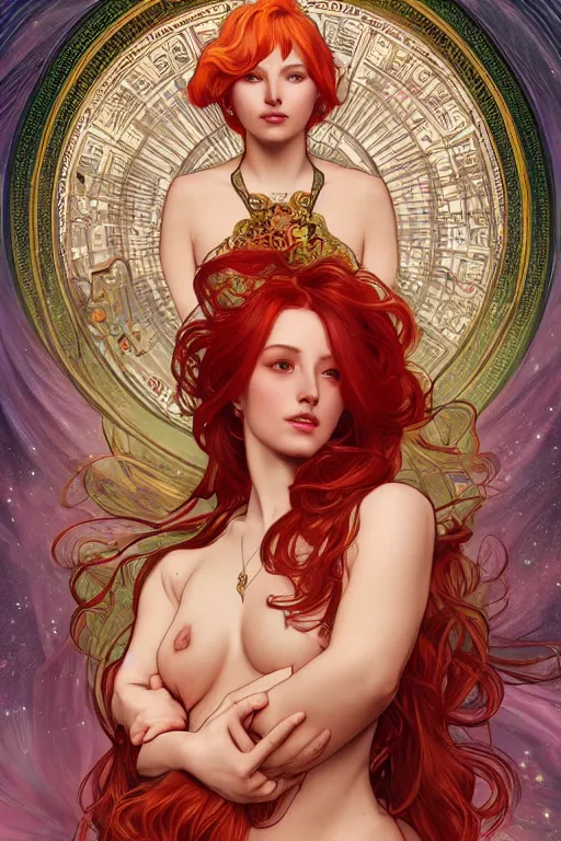 Prompt: a full body tarot card of the red haired thick empress of eternity, space, universe, portrait, highly detailed, deep focus, elegant, digital painting, smooth, sharp focus, illustration, ultra realistic, 8 k, art by artgerm and alphonse mucha