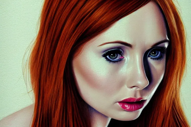 Image similar to sultry look in her eyes Karen Gillan close-up portrait looking straight on, complex artistic color pencil sketch illustration, full detail, gentle shadowing, fully immersive reflections and particle effects, chromatic aberration.
