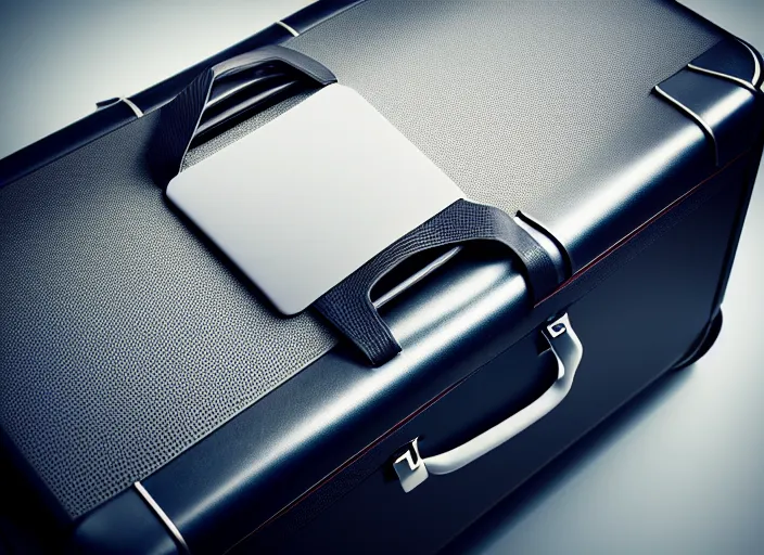 Image similar to futuristic suitcase leather ( designed by porsche ), xf iq 4, 1 5 0 mp, 5 0 mm, f / 1. 4, iso 2 0 0, 1 / 1 6 0 s, natural light, octane render, adobe lightroom, rule of thirds, symmetrical balance, depth layering, polarizing filter, sense of depth, ai enhanced