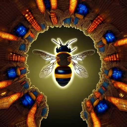 Image similar to A photorealistic miniature 3d render of a robot Bee made of circuits wide view shot by ellen jewett , tomasz alen kopera and Justin Gerard symmetrical features, ominous, magical realism, texture, intricate, ornate, royally decorated, android format, windows, many doors, roofs, complete house , whirling smoke, embers, red adornments, red torn fabric, radiant colors, fantasy, trending on artstation, volumetric lighting, micro details, 3d sculpture, ray tracing, 8k