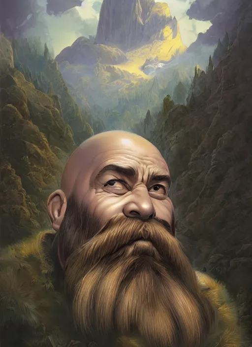 Image similar to a highly detailed symmetrical airbrush painting of a bald male dwarf with long brown beard in a mountainous landscape, morning, dynamic lighting, ambient lighting, deviantart, art by artgerm, frank frazetta and glenn fabry