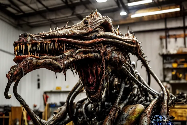 Image similar to wide angle photo taken of an epic intricate, ultra detailed, super realistic gritty, hero prop, exquisitely weathered animatronic movie prop of a lifelike sculpture of a nightmarish hellish alien creature displayed in the workshop, created by weta workshop, full body shot, photorealistic, sharp focus