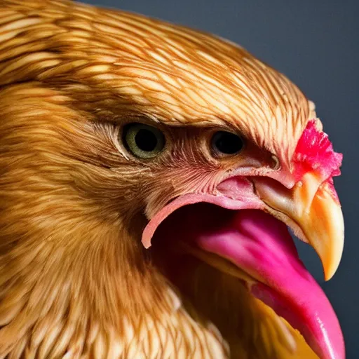 Image similar to chicken with an opened beak with human teeth