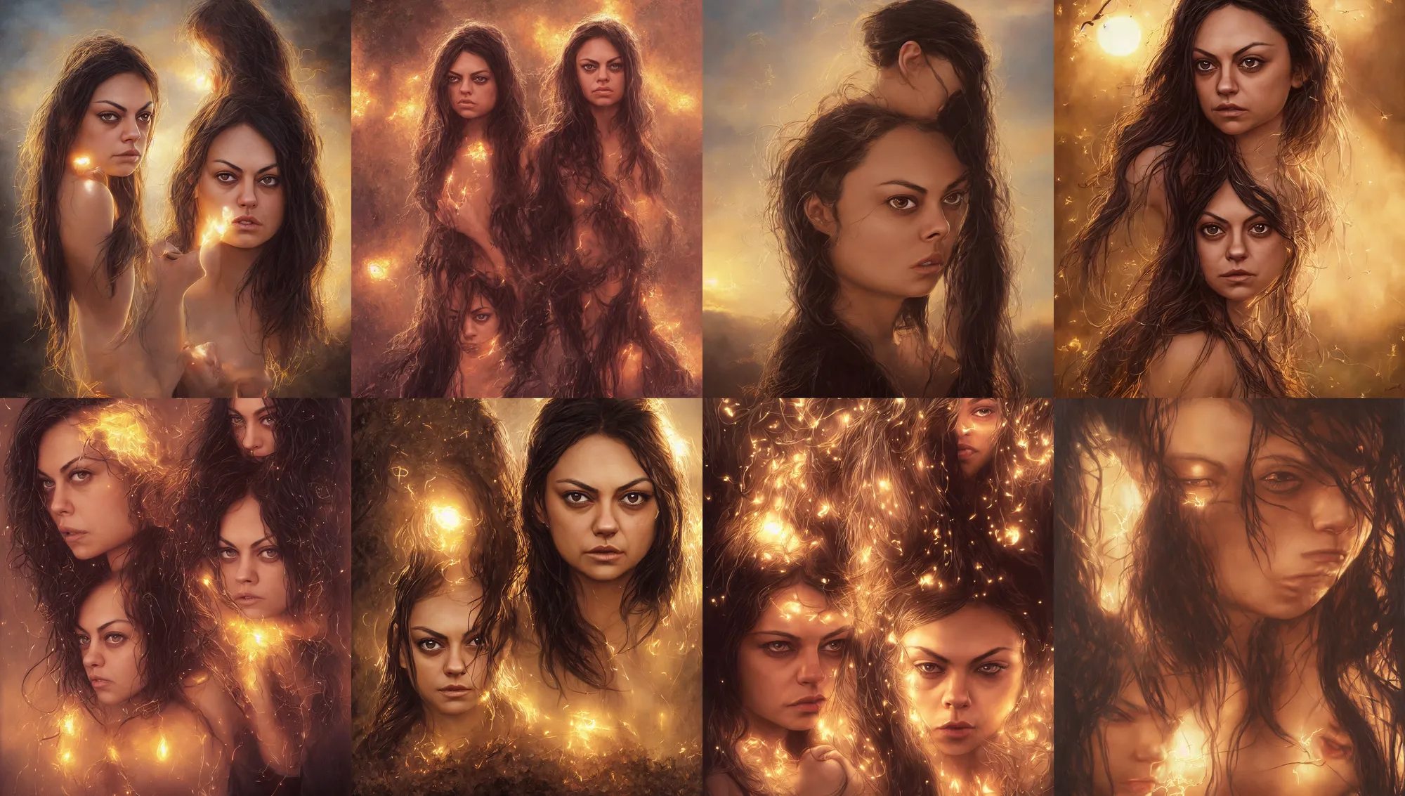 Image similar to big - eyed surprised mila kunis staring intensely into the camera, sundown golden hour firefly wisps, steve hanks, charlie bowater, mark brooks, steve henderson, justin gerard, mark keathley, victor nizovtsev, tom bagshaw, krenz cushart, ross tran, focal length : 2 0 0. 0 mm