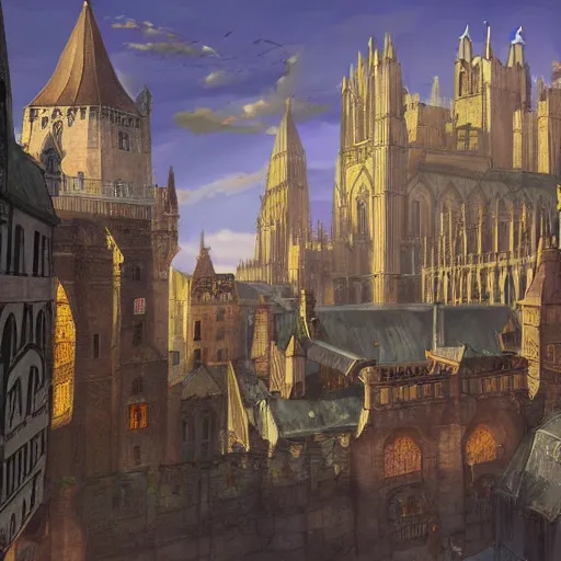 Prompt: a medieval city with a big cathedral and airships, concept art for a video game