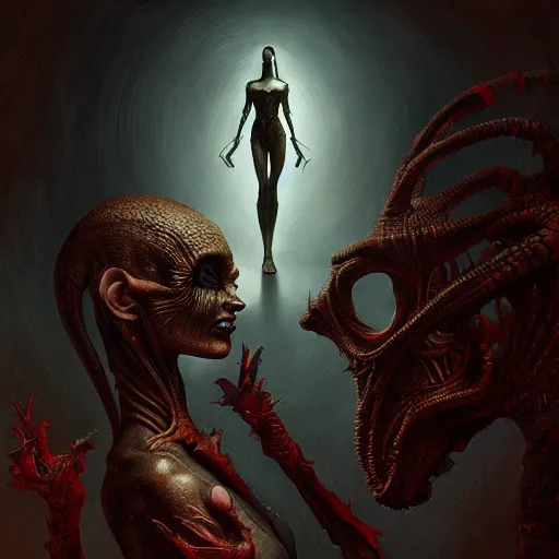 Image similar to ultra realist horror painting of a dimly lit attractive alien female and hellish creature together, very intricate details, focus, curvy, full frame image, artstyle hiraku tanaka and craig mullins, award winning