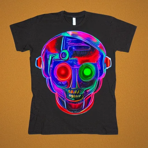 Image similar to photo of a black tshirt with a hyperdetailed trippy futuristic robot head, 8 k, symetrical, flourescent colors, multicolored tshirt art,