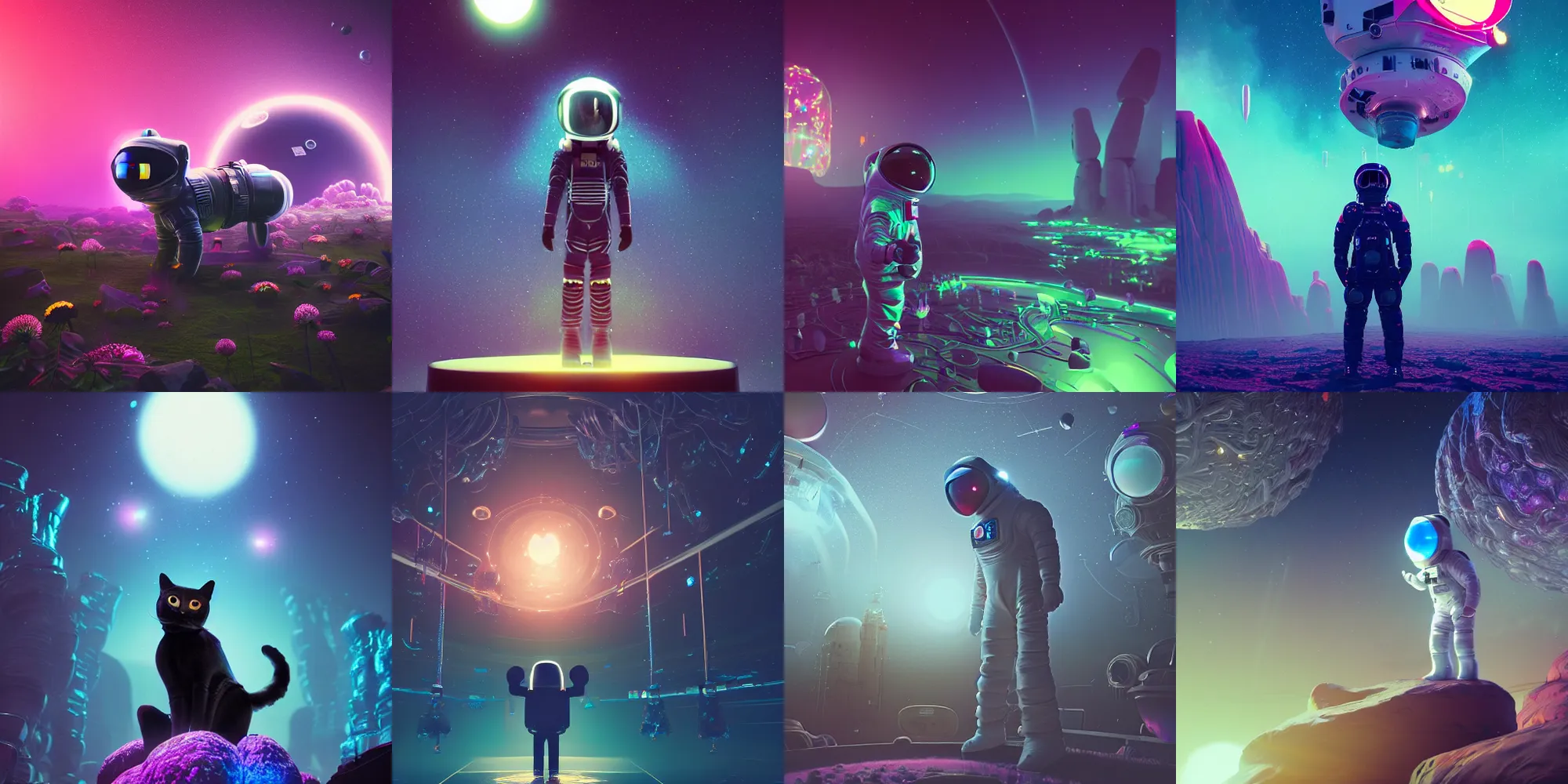 Prompt: beautiful dark landscape, black cat wearing astronaut outfit, beautiful flowers and crystals, in the style of beeple and mike winkelmann, intricate, epic lighting, cinematic composition, hyper realistic, 8 k resolution, unreal engine 5, raytracing, ultraviolet colors,