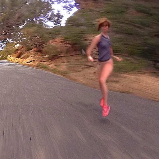 Prompt: screenshot of go pro footage from front view emma stone running in front of tiger