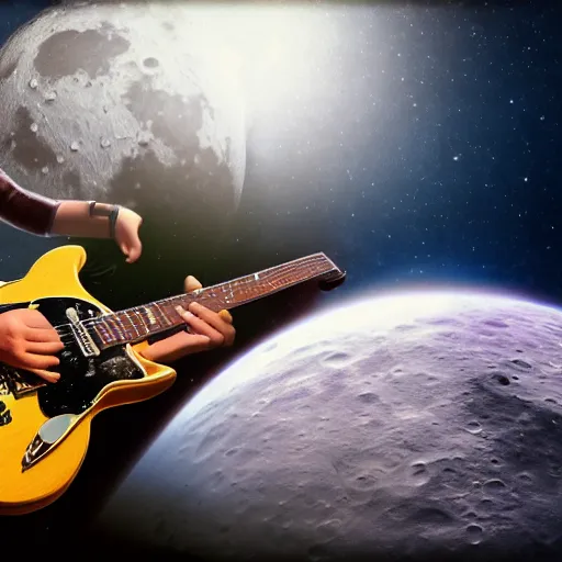Image similar to photo of a detailed, realistic, regular sized, sitting idle fender electric guitar next to a sitting idle beer can and an astronaut sitting down on the moon surface. detailed photo. realistic photo. cinematic. cinematic shot