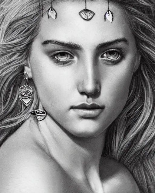 Image similar to pencil drawing of beautiful greek goddess aphrodite with arrowhead earrings and beautiful feather jewelry, beautiful piercing eyes, beautiful blonde hair flying in the wind, hyper realistic face, in the style of greg rutkowski, fantasy, amazing detail, epic, elegant, smooth, sharp focus, from the front