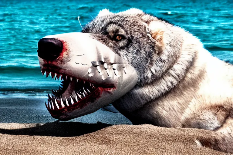 Prompt: professional photo of a shark body and canine wolf muzzle head half wolf half shark strange chimera discovered on the beach