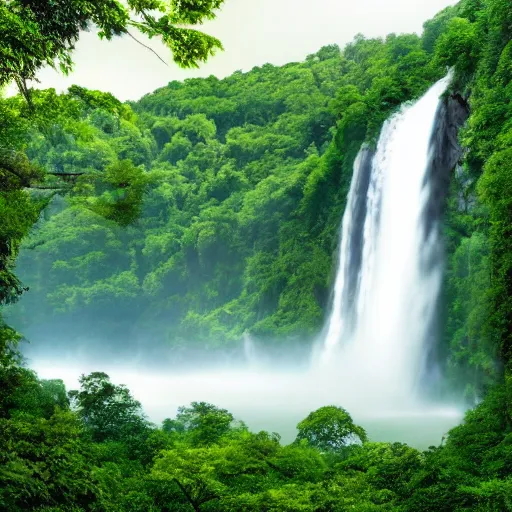 Image similar to a large waterfall surrounded by lush green trees, a matte painting by maud naftel, shutterstock contest winner, naturalism, photo taken with ektachrome, creative commons attribution, high dynamic range