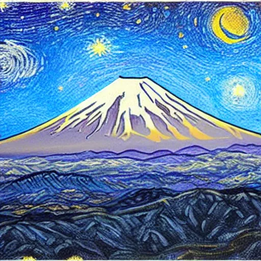 Image similar to painting of mount Fuji in style of starry night