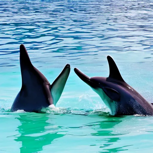 Prompt: a dolphin and a human giving each other a high-five