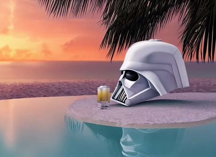 Prompt: symmetry!! closeup!!! symmetrical - face!! white darth vader relaxing on a beach in jamaica during sunset with a cocktail, cinematic lighting, sunset, 8 k - resolution!!, hyperrealism, national geographic, award winning, artstation, unreal engine 5, octane, redshift