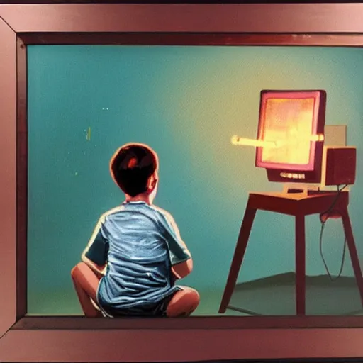 Prompt: a boy playing a video game on a wood panel CRT tv 1985 late at night oil on canvas